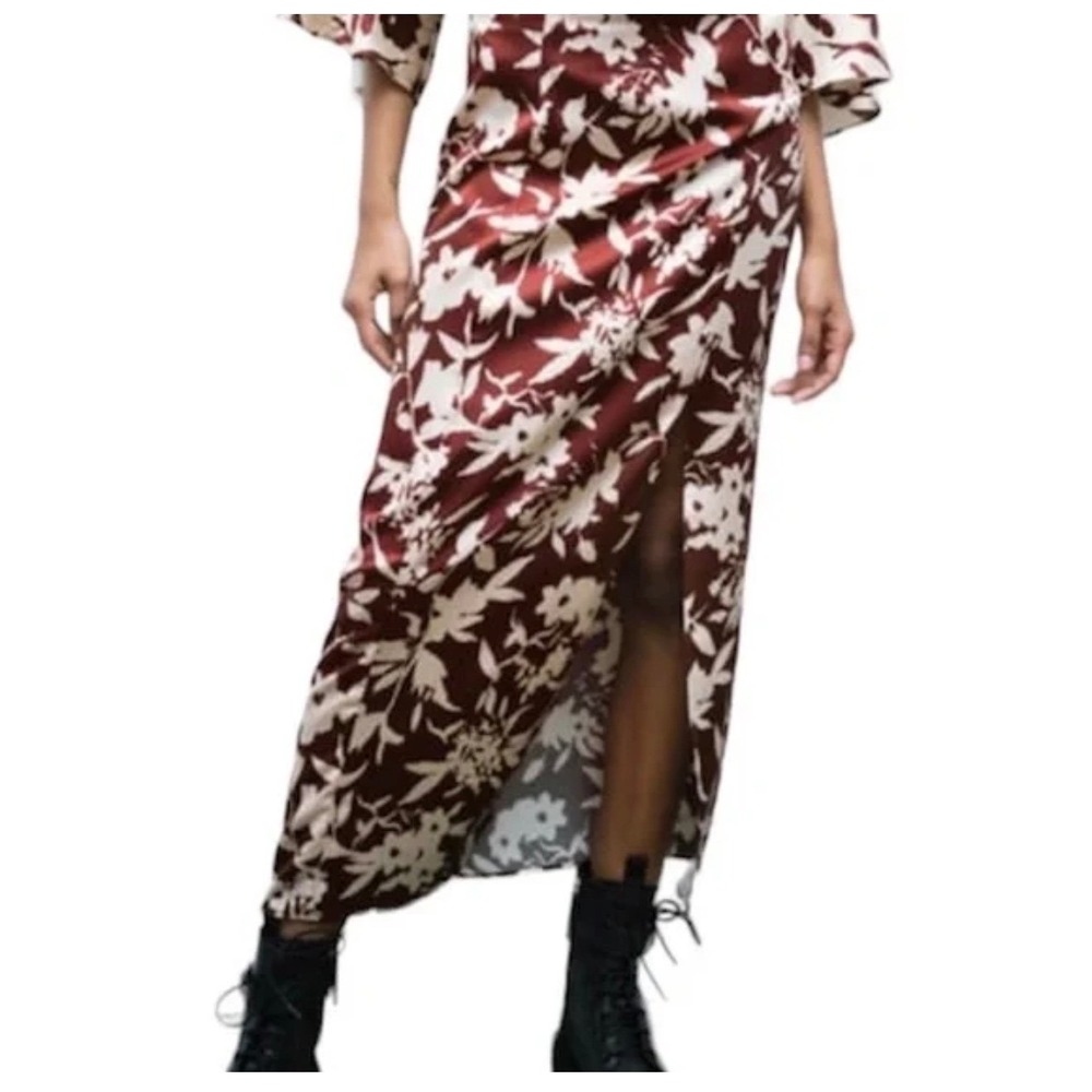 Zara Floral Satin Midi Skirt Burgundy Cream High Waist Front Slit Size L